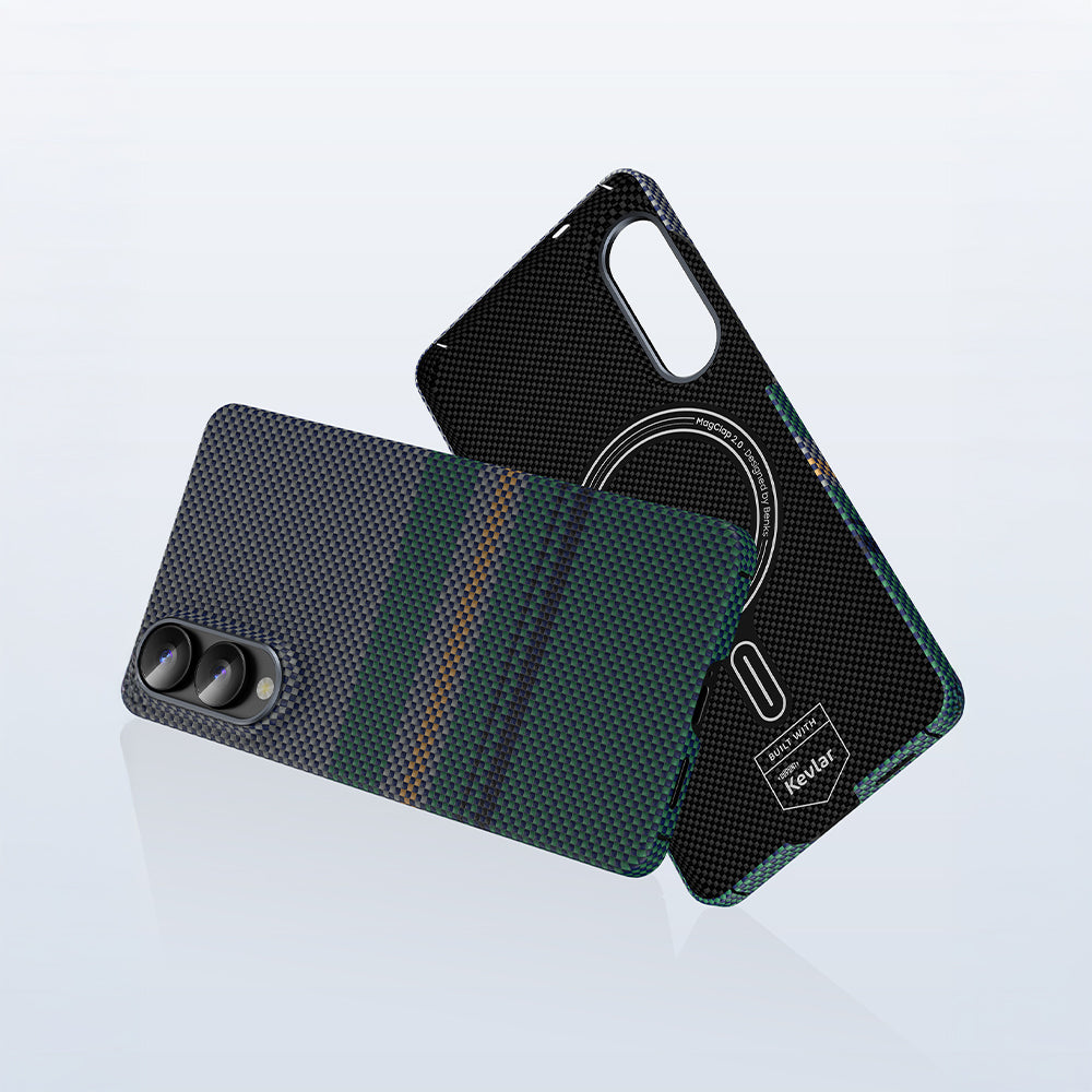 Galaxy S25 Edge Kılıf M-safe Şarj Özellikli Karbon Fiber Tasarımlı Benks Aurora ArmorAir Kevlar Kapak Yeşil