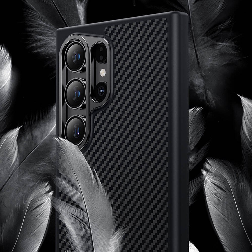 Galaxy S25 Kılıf Karbon Fiber M-safe Şarj Özellikli Benks Hybrid ArmorPro 600D Kevlar Kapak Siyah