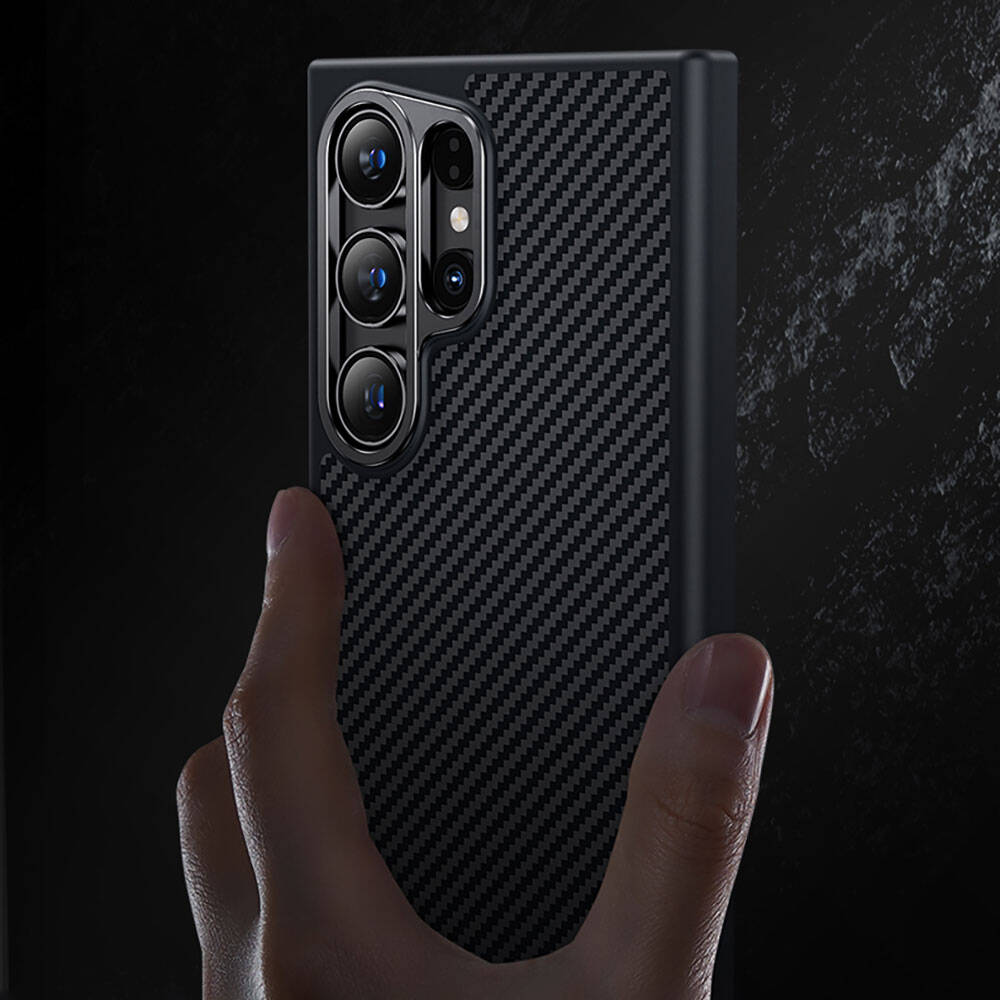 Galaxy S25 Kılıf Karbon Fiber M-safe Şarj Özellikli Benks Hybrid ArmorPro 600D Kevlar Kapak Siyah