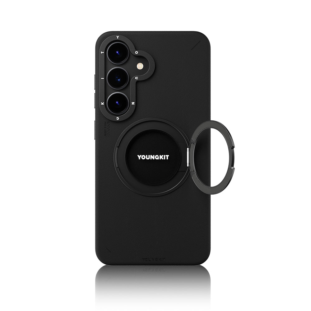 Galaxy S25 Kılıf M-safe Şarj Özellikli 360° Standlı Basit Mat Deri Desenli Youngkit Tech Leather Serisi Kapak Siyah