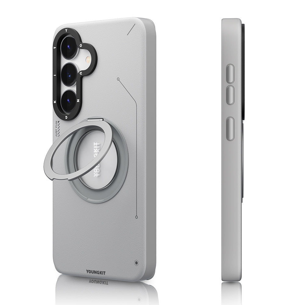 Galaxy S25 Kılıf M-safe Şarj Özellikli 360° Standlı Basit Mat Deri Desenli Youngkit Tech Leather Serisi Kapak Siyah