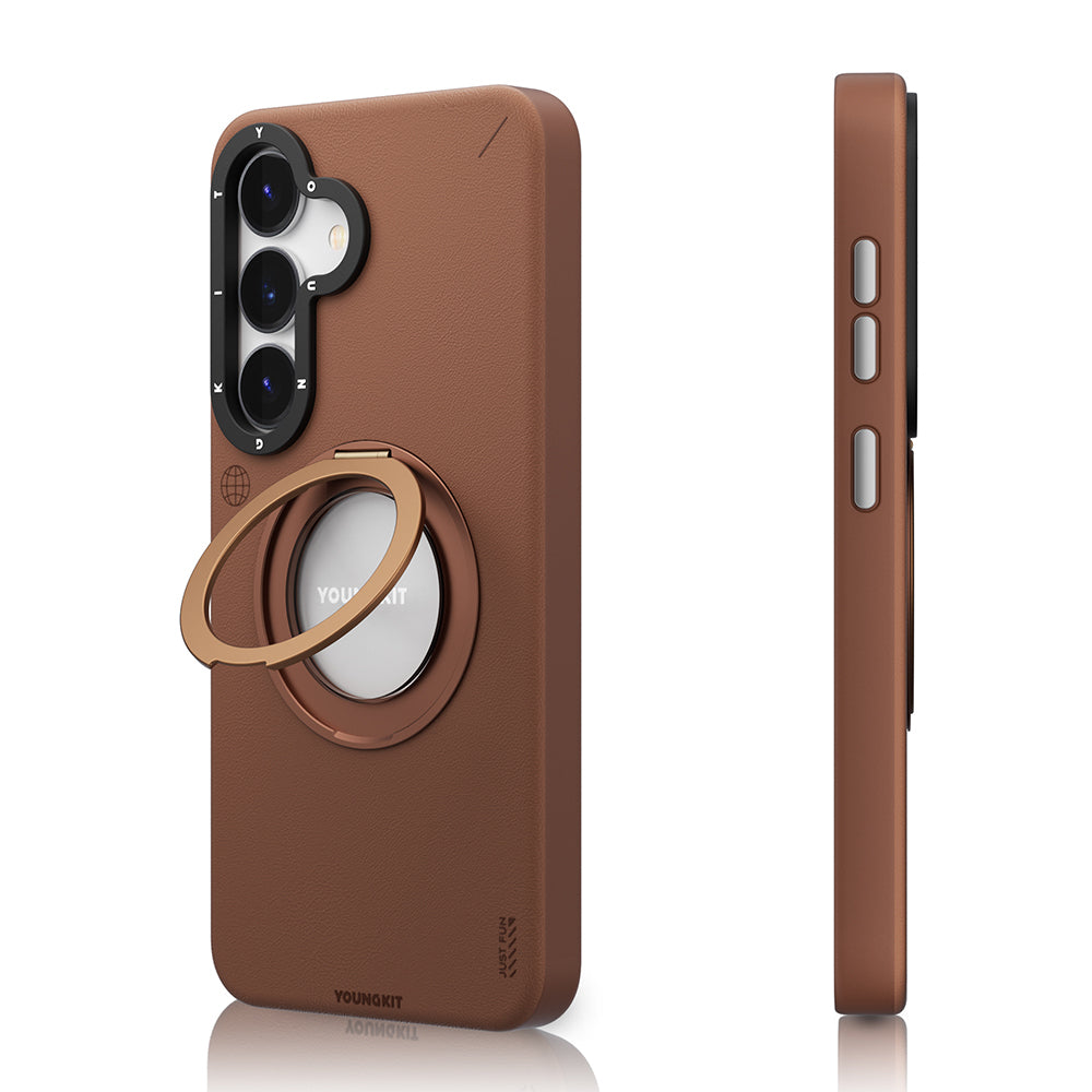 Galaxy S25 Kılıf M-safe Şarj Özellikli 360° Standlı Basit Mat Deri Desenli Youngkit Tech Leather Serisi Kapak Siyah