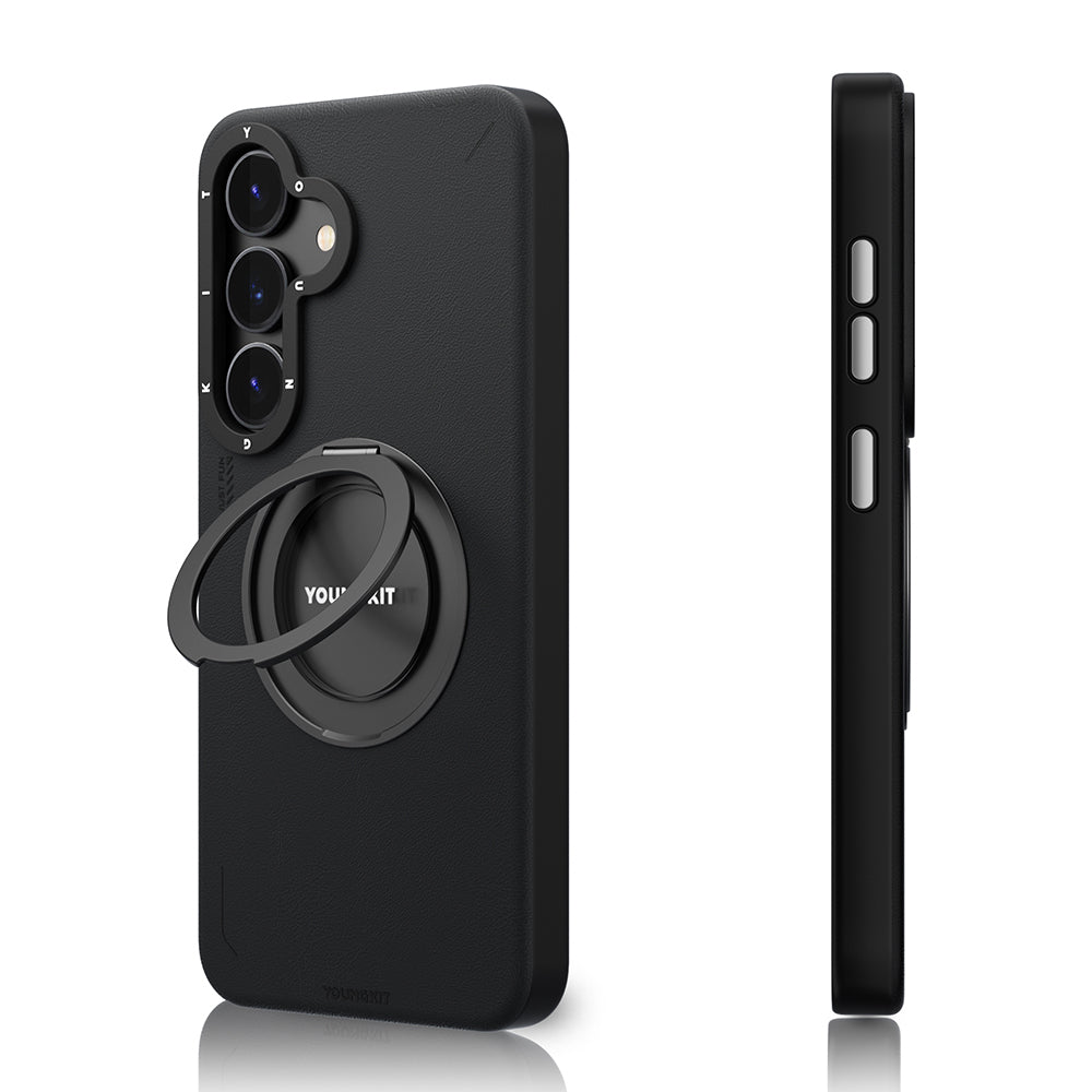 Galaxy S25 Kılıf M-safe Şarj Özellikli 360° Standlı Basit Mat Deri Desenli Youngkit Tech Leather Serisi Kapak Kahverengi