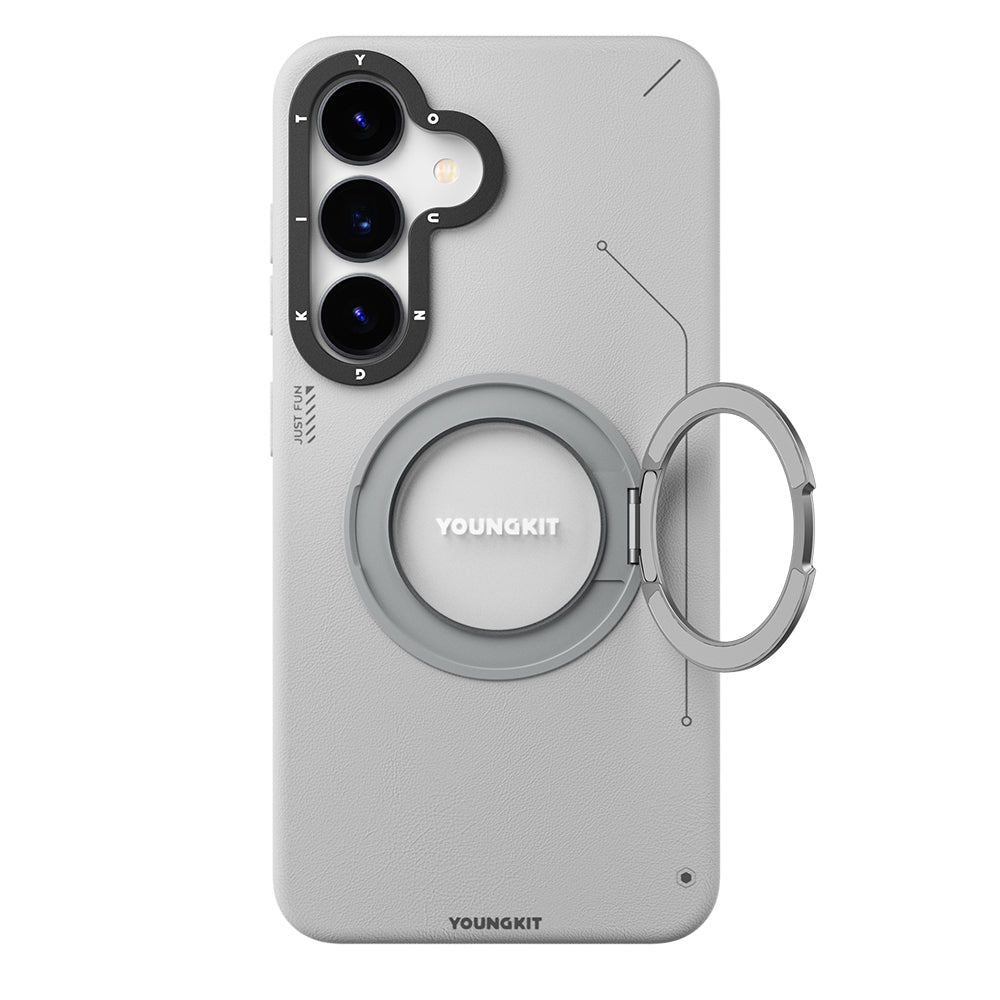 Galaxy S25 Kılıf M-safe Şarj Özellikli 360° Standlı Basit Mat Deri Desenli Youngkit Tech Leather Serisi Kapak Gri