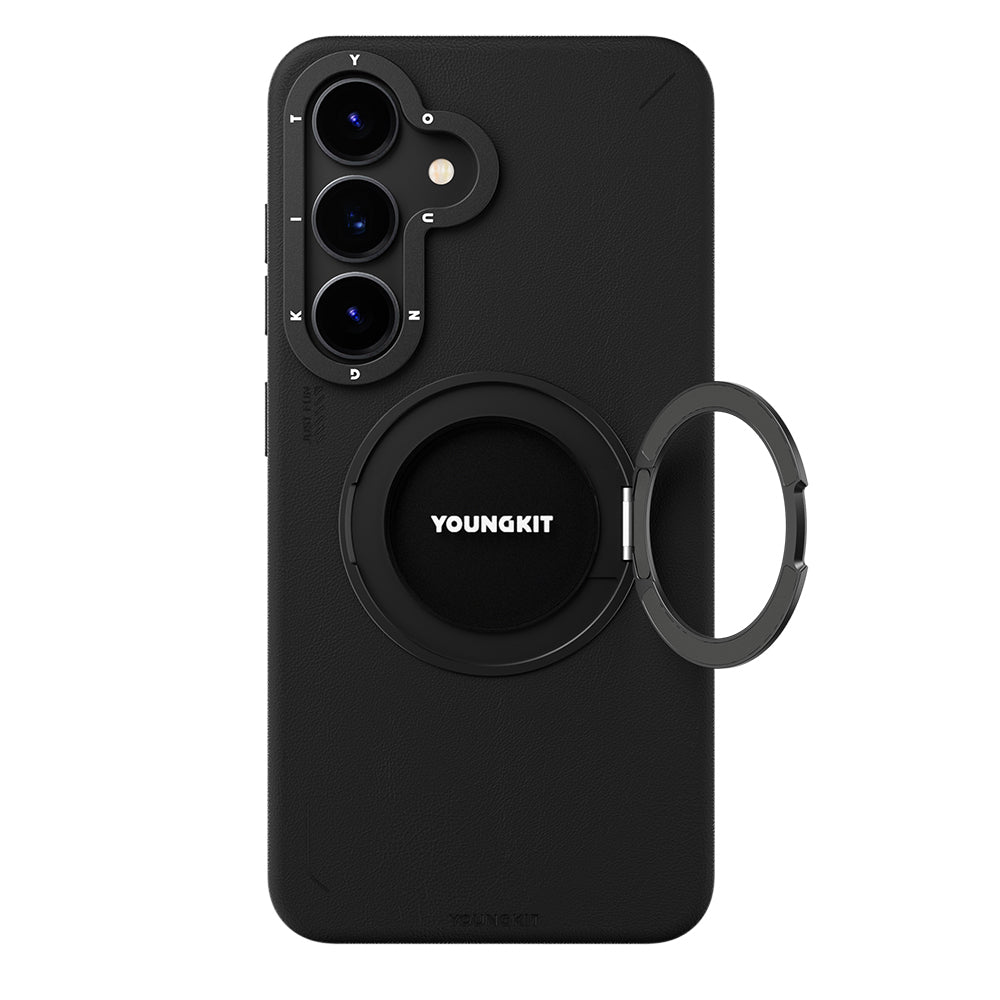 Galaxy S25 Kılıf M-safe Şarj Özellikli 360° Standlı Basit Mat Deri Desenli Youngkit Tech Leather Serisi Kapak Siyah