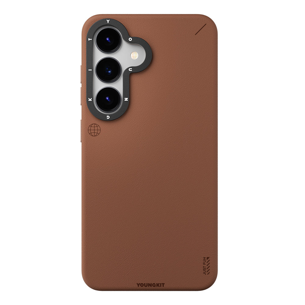 Galaxy S25 Kılıf M-safe Şarj Özellikli Basit Mat Deri Desenli Youngkit Tech Fashion Serisi Kapak Kahverengi