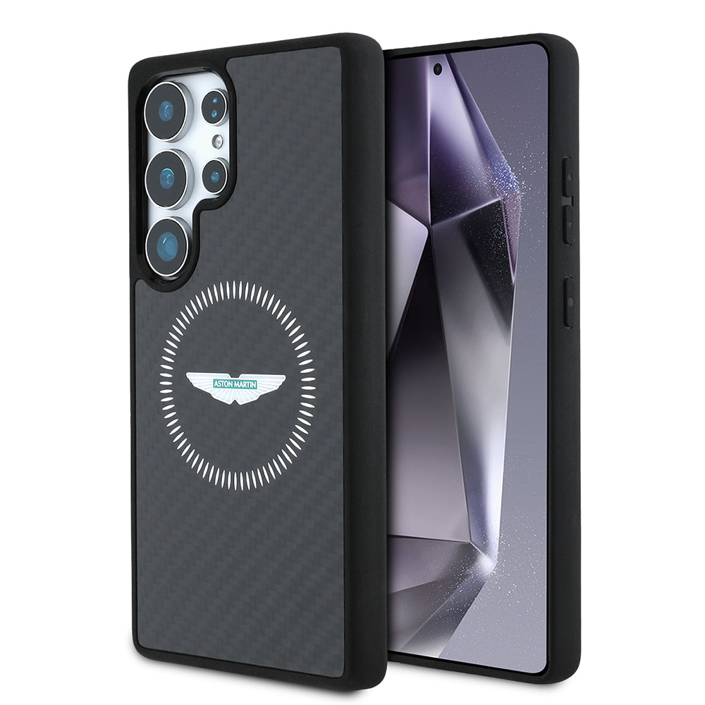 Galaxy S25 Ultra Kılıf Aston Martin Orjinal Lisanslı M-safe Şarj Özellikli Radyal Halka ve Karbon Fiber Tasarımlı Kapak Siyah