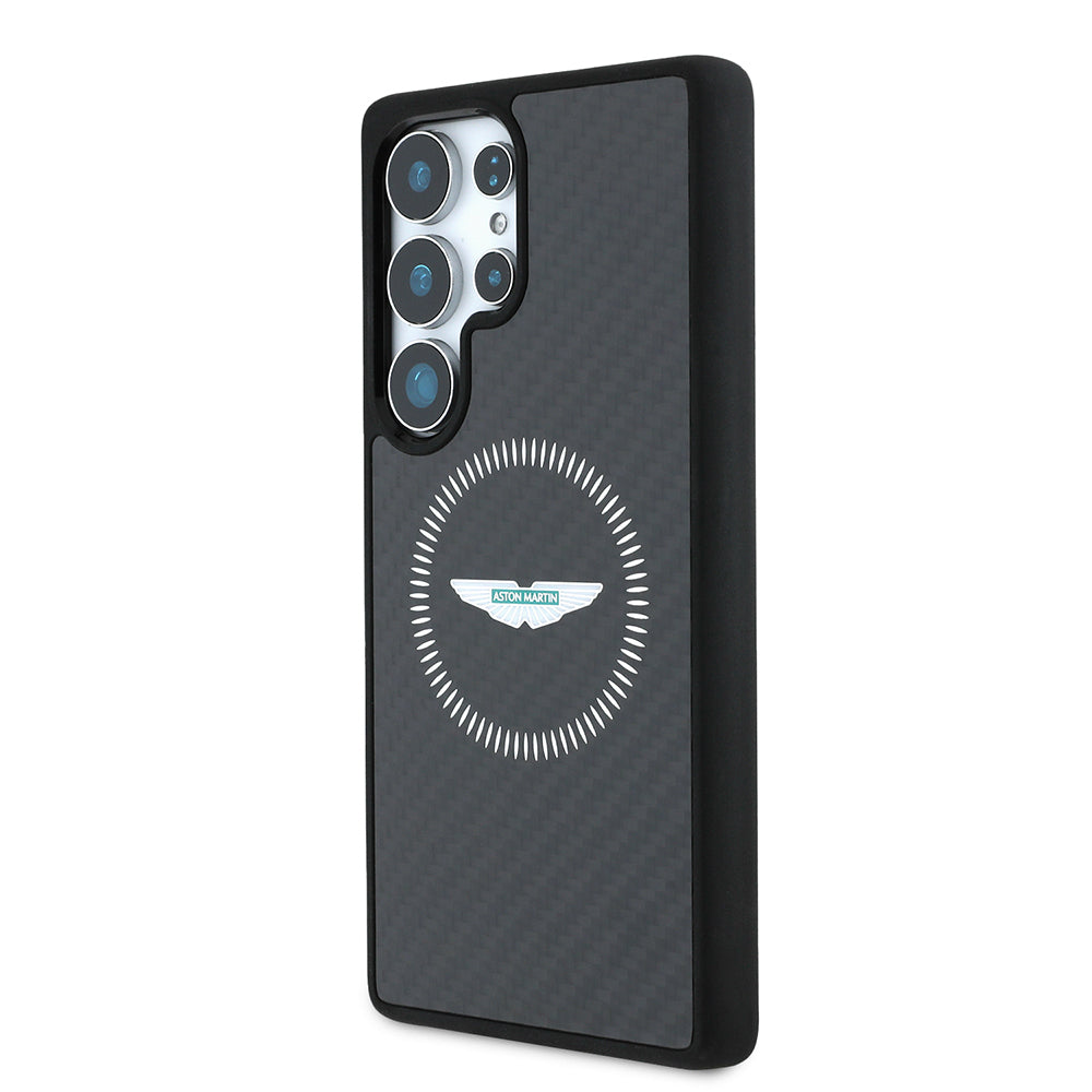 Galaxy S25 Ultra Kılıf Aston Martin Orjinal Lisanslı M-safe Şarj Özellikli Radyal Halka ve Karbon Fiber Tasarımlı Kapak Siyah