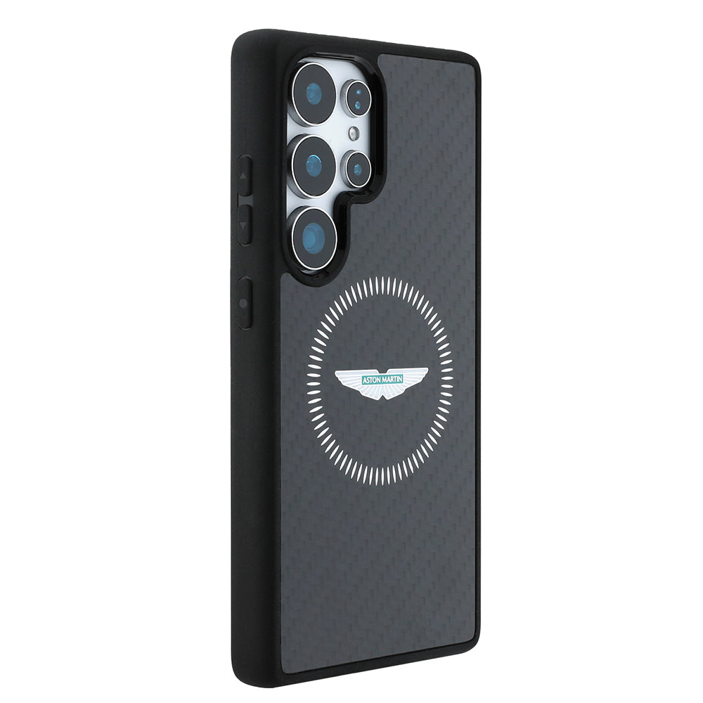Galaxy S25 Ultra Kılıf Aston Martin Orjinal Lisanslı M-safe Şarj Özellikli Radyal Halka ve Karbon Fiber Tasarımlı Kapak Siyah