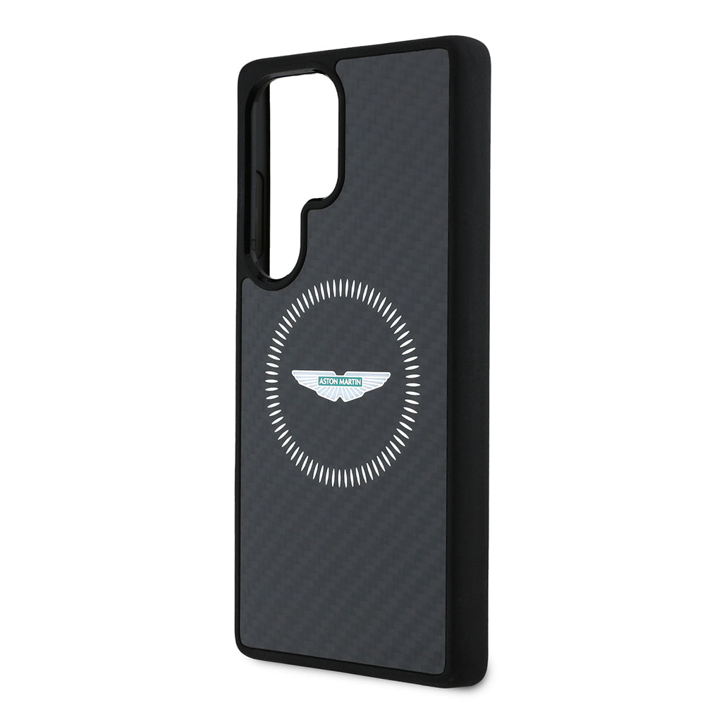 Galaxy S25 Ultra Kılıf Aston Martin Orjinal Lisanslı M-safe Şarj Özellikli Radyal Halka ve Karbon Fiber Tasarımlı Kapak Siyah