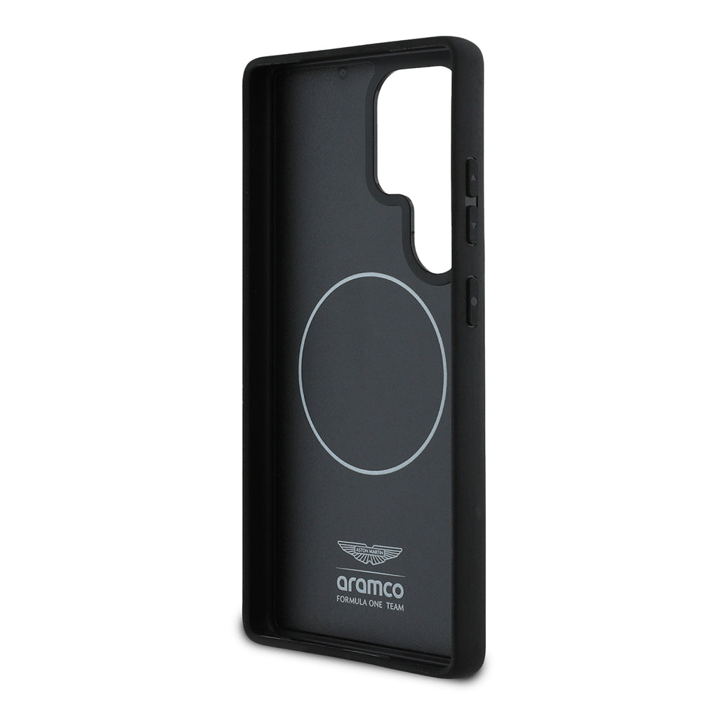 Galaxy S25 Ultra Kılıf Aston Martin Orjinal Lisanslı M-safe Şarj Özellikli Radyal Halka ve Karbon Fiber Tasarımlı Kapak Siyah