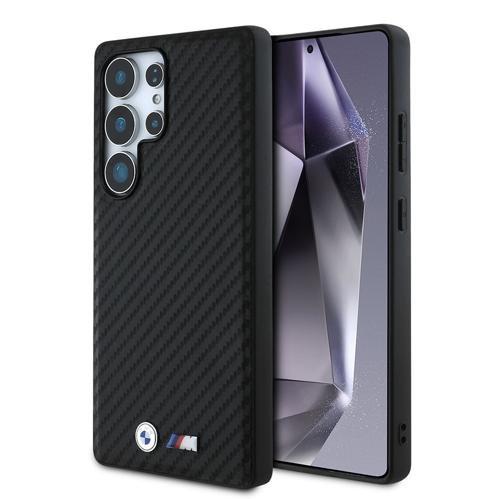 Galaxy S25 Ultra Kılıf BMW Orjinal Lisanslı M-safe Şarj Özellikli Karbon Fiber Tasarımlı ve Metal Logolu PU Deri Kapak Siyah