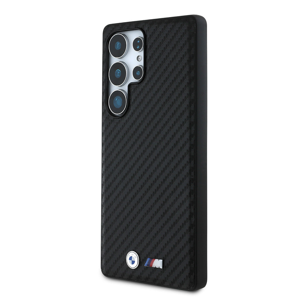 Galaxy S25 Ultra Kılıf BMW Orjinal Lisanslı M-safe Şarj Özellikli Karbon Fiber Tasarımlı ve Metal Logolu PU Deri Kapak Siyah