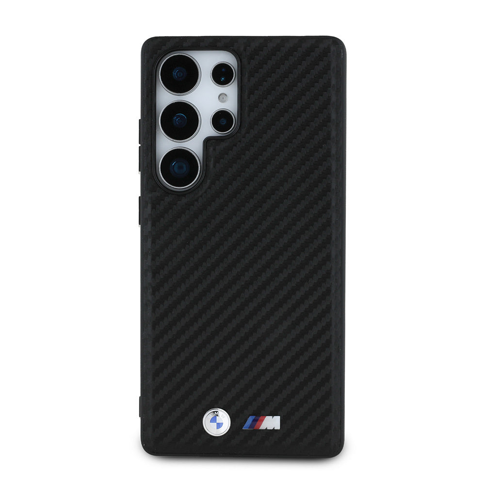 Galaxy S25 Ultra Kılıf BMW Orjinal Lisanslı M-safe Şarj Özellikli Karbon Fiber Tasarımlı ve Metal Logolu PU Deri Kapak Siyah