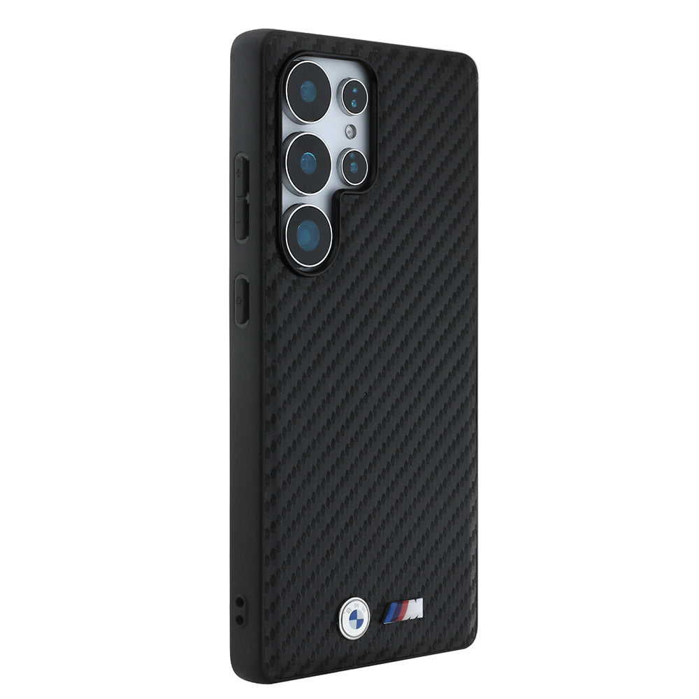 Galaxy S25 Ultra Kılıf BMW Orjinal Lisanslı M-safe Şarj Özellikli Karbon Fiber Tasarımlı ve Metal Logolu PU Deri Kapak Siyah