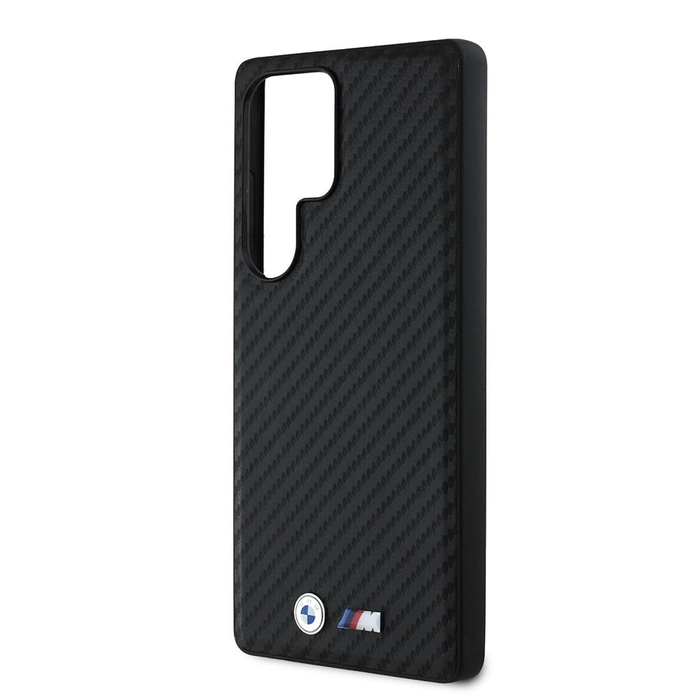 Galaxy S25 Ultra Kılıf BMW Orjinal Lisanslı M-safe Şarj Özellikli Karbon Fiber Tasarımlı ve Metal Logolu PU Deri Kapak Siyah