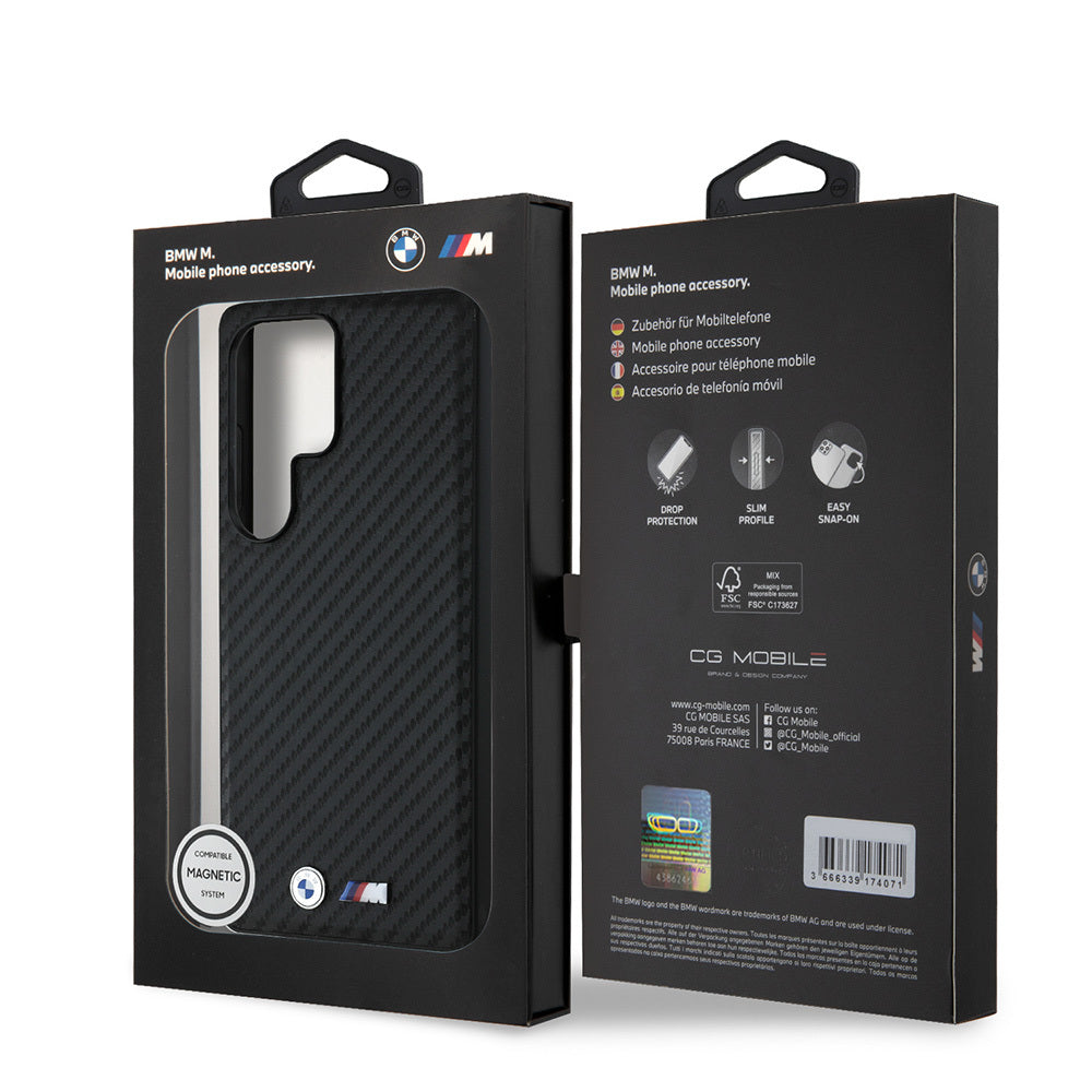 Galaxy S25 Ultra Kılıf BMW Orjinal Lisanslı M-safe Şarj Özellikli Karbon Fiber Tasarımlı ve Metal Logolu PU Deri Kapak Siyah