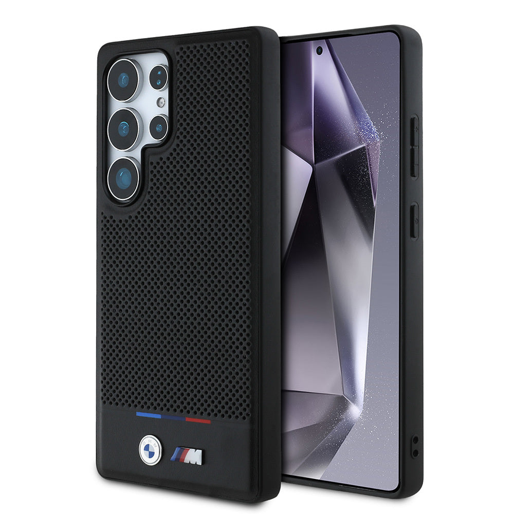 Galaxy S25 Ultra Kılıf BMW Orjinal Lisanslı M-safe Şarj Özellikli M Logolu Bottom Üç Çizgili Delikli PU Deri Kapak Siyah