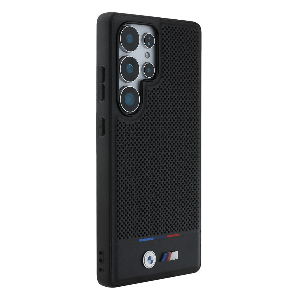 Galaxy S25 Ultra Kılıf BMW Orjinal Lisanslı M-safe Şarj Özellikli M Logolu Bottom Üç Çizgili Delikli PU Deri Kapak Siyah