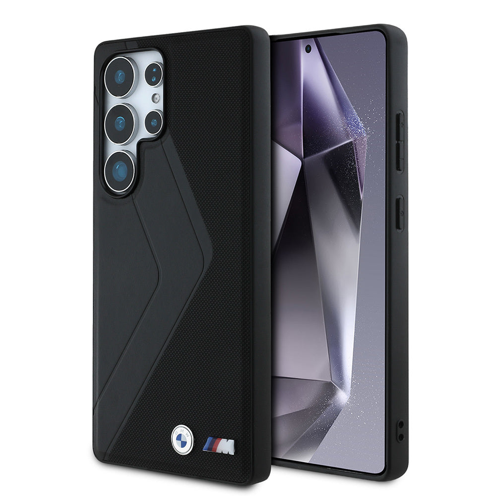 Galaxy S25 Ultra Kılıf BMW Orjinal Lisanslı M-safe Şarj Özellikli M Logolu Oversize Çizgili PU Deri Kapak Siyah