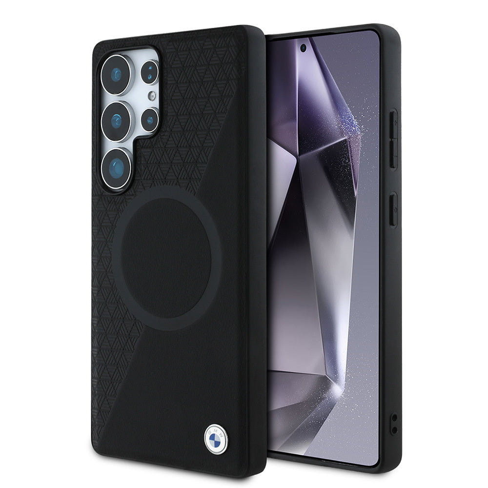 Galaxy S25 Ultra Kılıf BMW Orjinal Lisanslı M-safe Şarj Özellikli Metal Logolu Yarım Dokulu Circle Deri Kapak Siyah