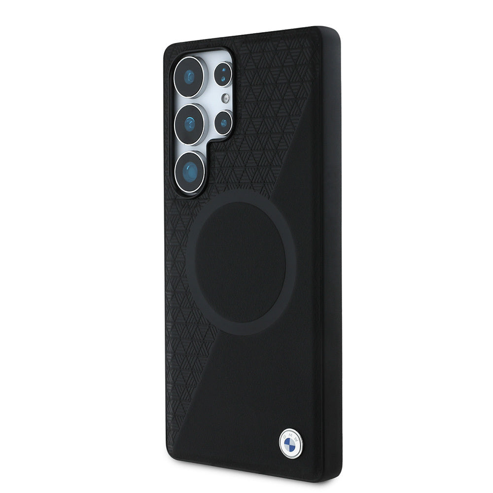 Galaxy S25 Ultra Kılıf BMW Orjinal Lisanslı M-safe Şarj Özellikli Metal Logolu Yarım Dokulu Circle Deri Kapak Siyah