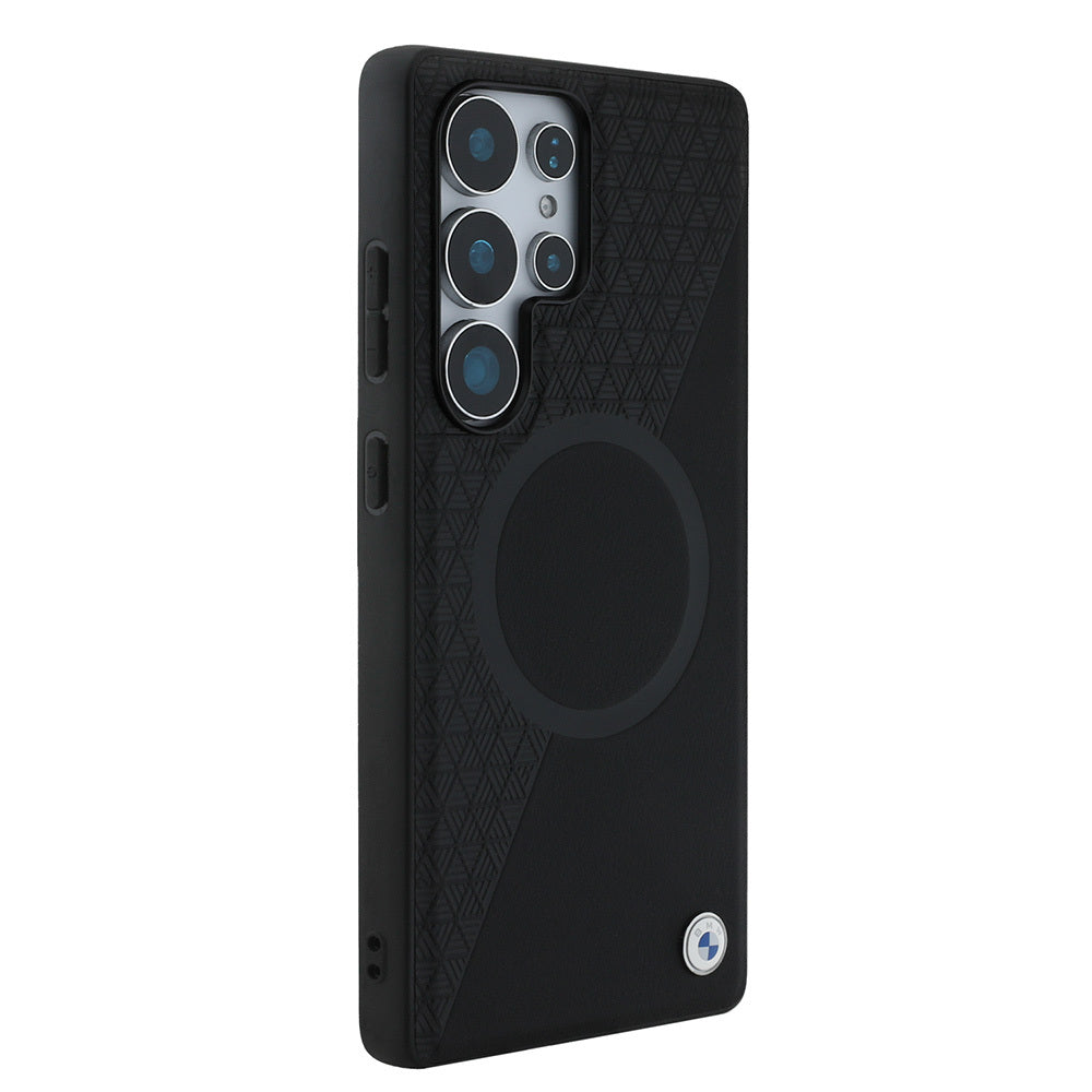 Galaxy S25 Ultra Kılıf BMW Orjinal Lisanslı M-safe Şarj Özellikli Metal Logolu Yarım Dokulu Circle Deri Kapak Siyah