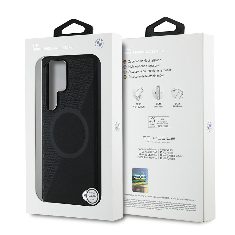 Galaxy S25 Ultra Kılıf BMW Orjinal Lisanslı M-safe Şarj Özellikli Metal Logolu Yarım Dokulu Circle Deri Kapak Siyah