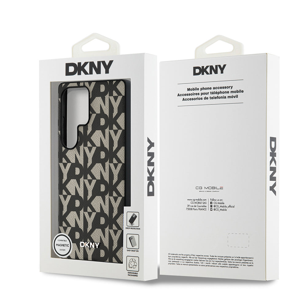 Galaxy S25 Ultra Kılıf DKNY Orjinal Lisanslı M-safe Şarj Özellikli 3D Yazılı Grid Pattern Kapak Gri
