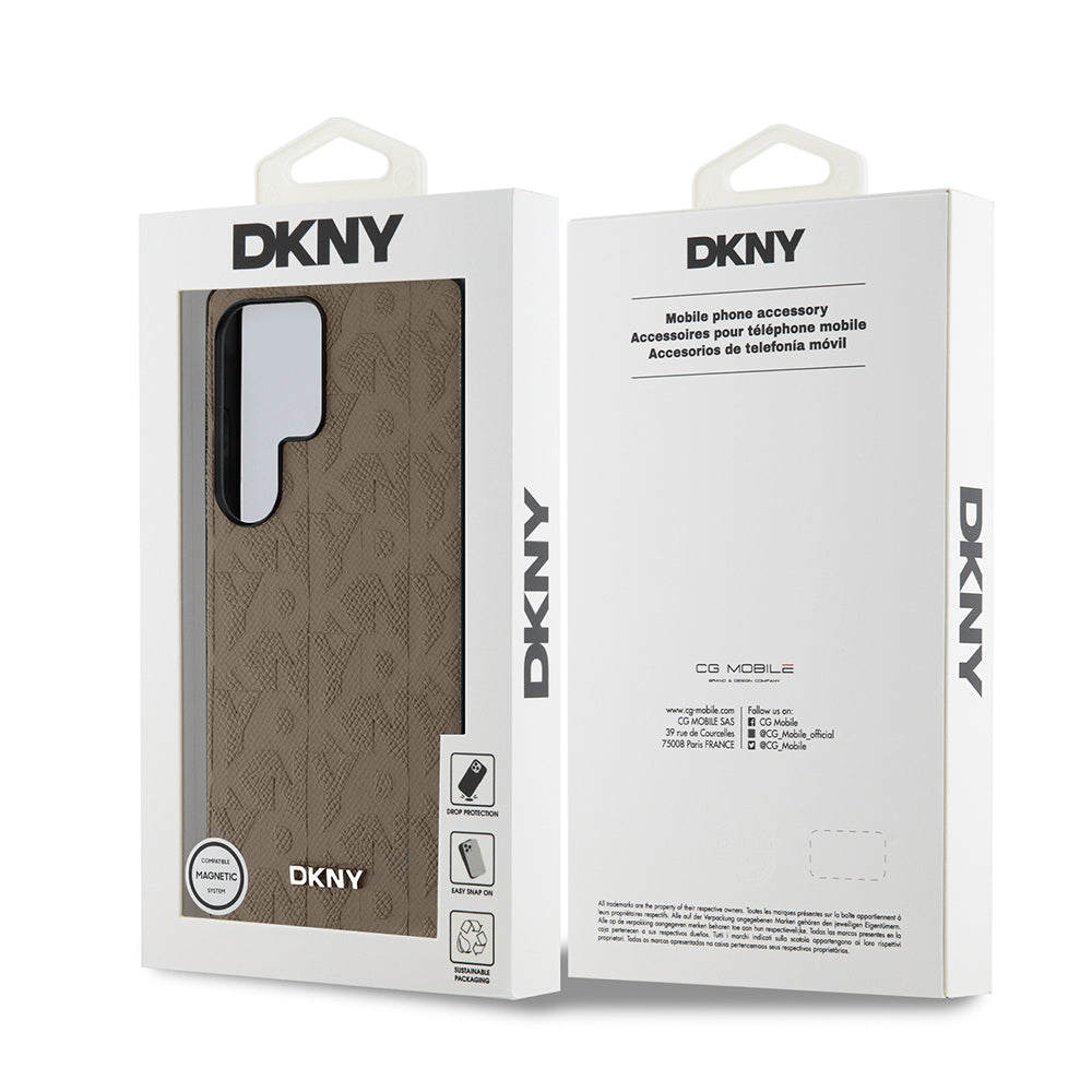 Galaxy S25 Ultra Kılıf DKNY Orjinal Lisanslı Magnetik PU Deri Grid Pattern Kapak Kahverengi