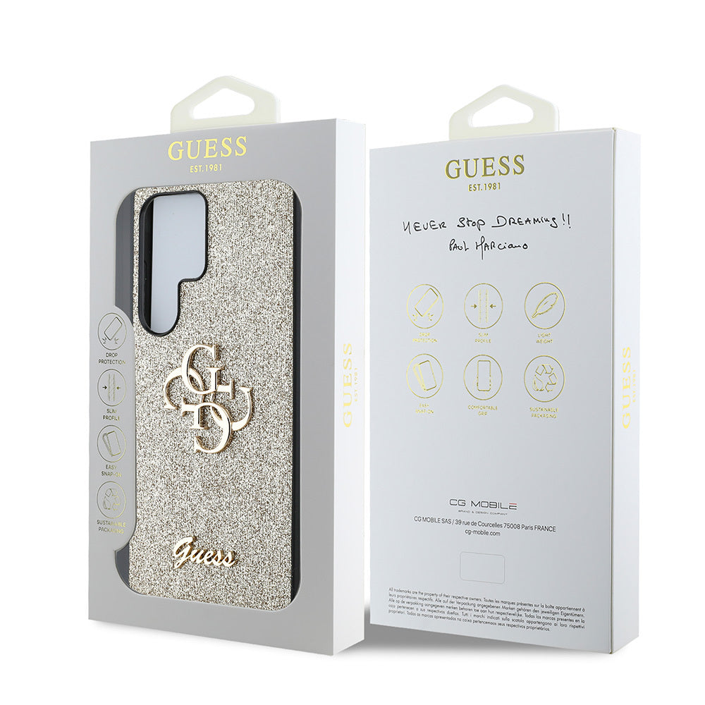 Galaxy S25 Ultra Kılıf Guess Orjinal Lisanslı 4G Büyük Metal Logolu Glitter Kapak Gold