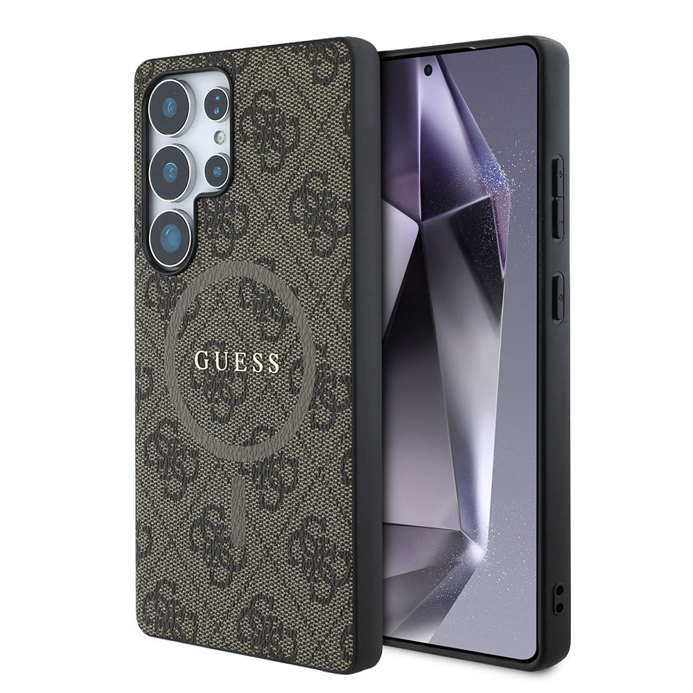 Galaxy S25 Ultra Kılıf Guess Orjinal Lisanslı M-safe Şarj Özellikli PU Halkalı 4G Desenli Yazı Logolu Kapak Kahverengi