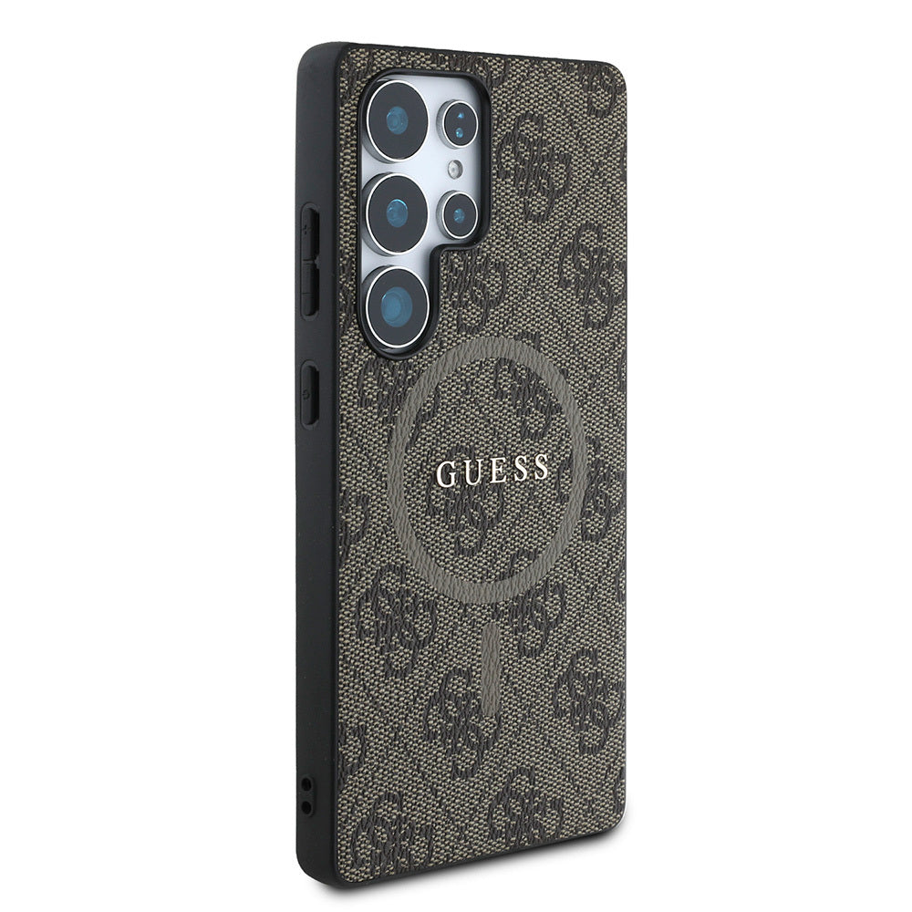 Galaxy S25 Ultra Kılıf Guess Orjinal Lisanslı M-safe Şarj Özellikli PU Halkalı 4G Desenli Yazı Logolu Kapak Kahverengi