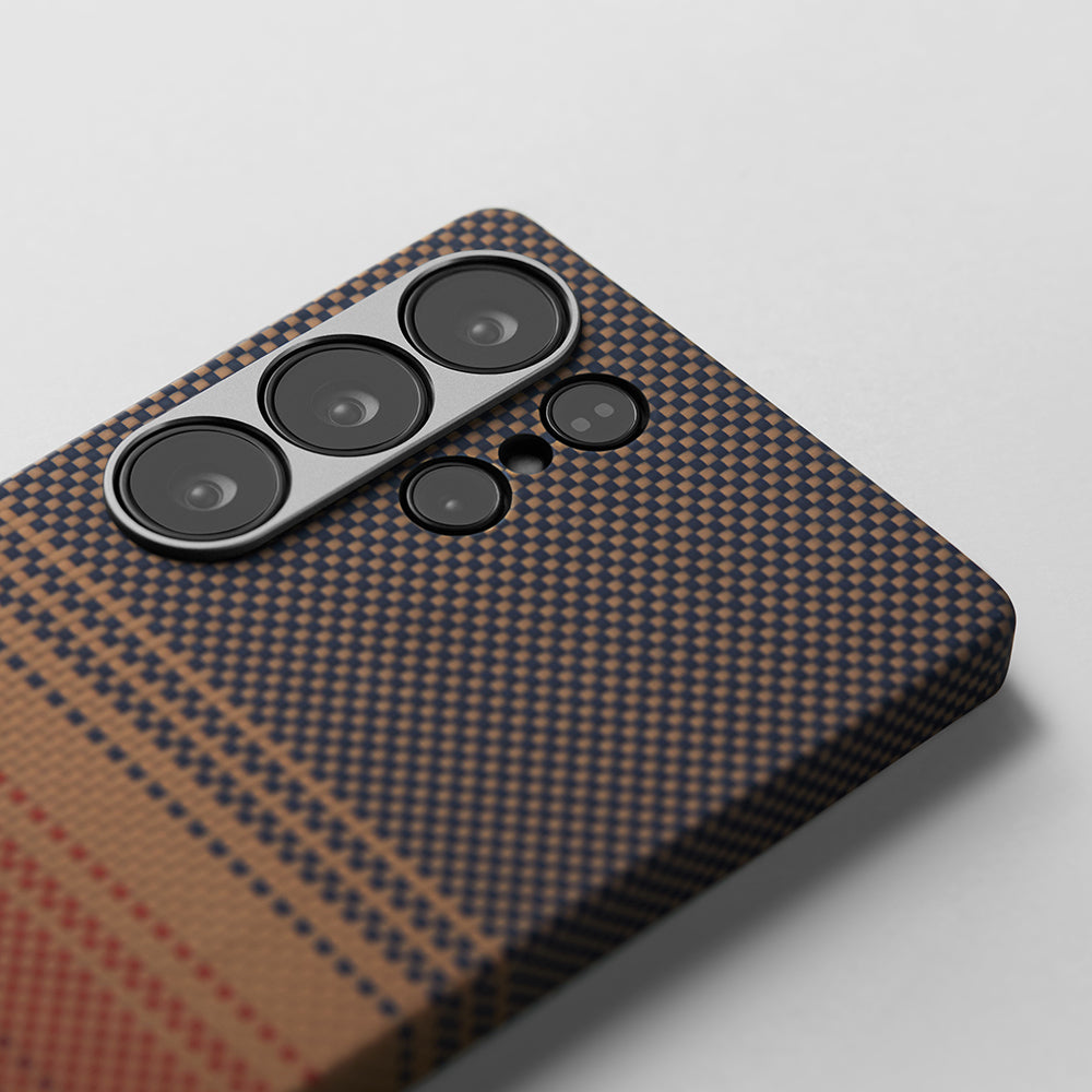 Galaxy S25 Ultra Kılıf M-safe Şarj Özellikli Aramid Fiber Pitaka Tactile Woven Sunset-Moonrise Serisi Kapak Kahverengi