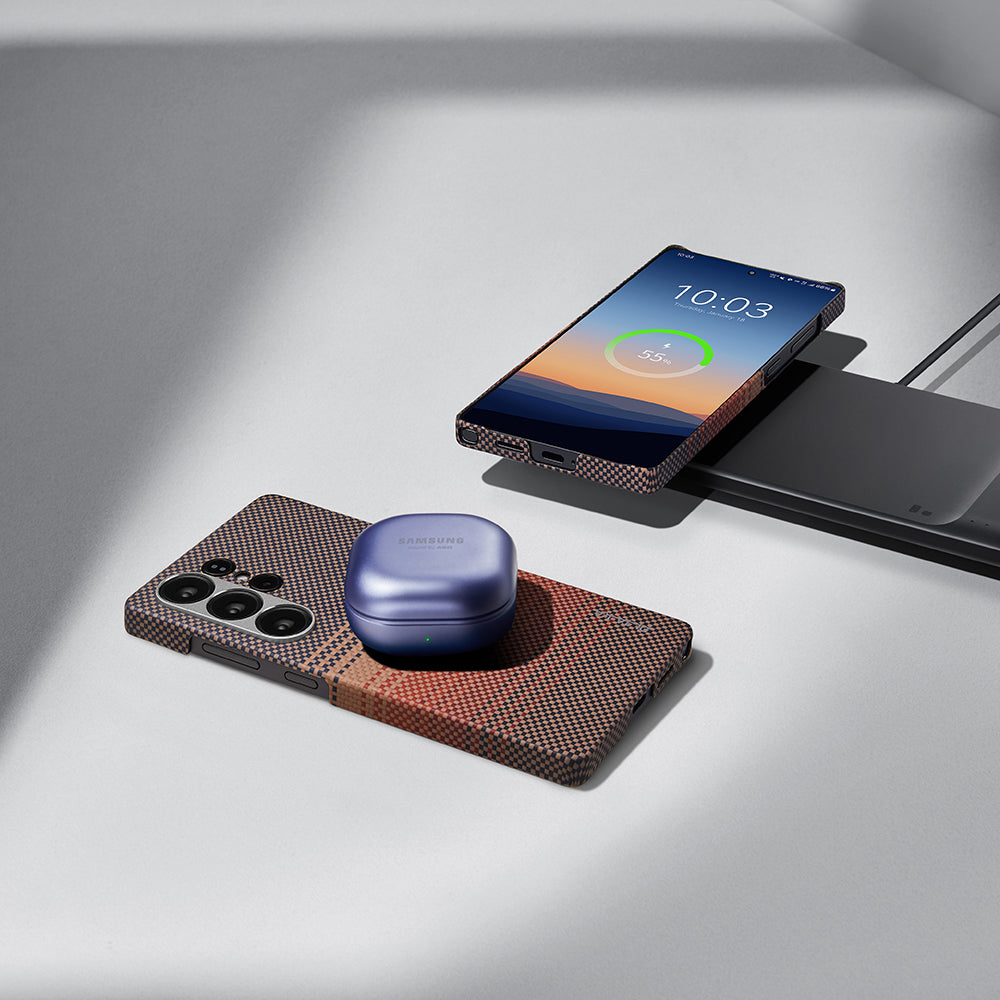 Galaxy S25 Ultra Kılıf M-safe Şarj Özellikli Aramid Fiber Pitaka Tactile Woven Sunset-Moonrise Serisi Kapak Mavi