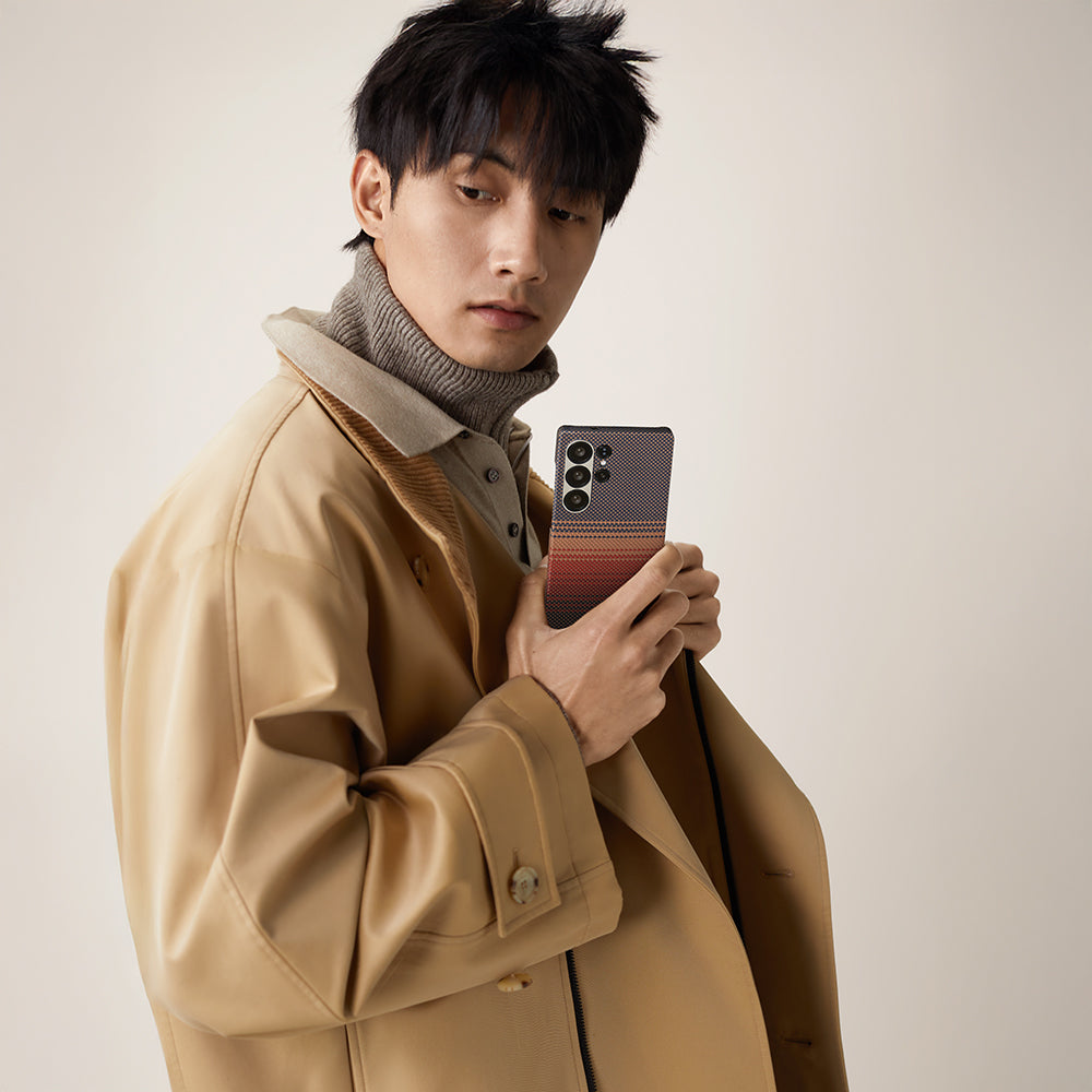 Galaxy S25 Ultra Kılıf M-safe Şarj Özellikli Aramid Fiber Pitaka Tactile Woven Sunset-Moonrise Serisi Kapak Mavi