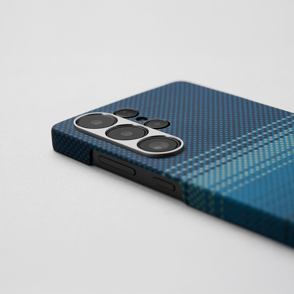 Galaxy S25 Ultra Kılıf M-safe Şarj Özellikli Aramid Fiber Pitaka Tactile Woven Sunset-Moonrise Serisi Kapak Mavi