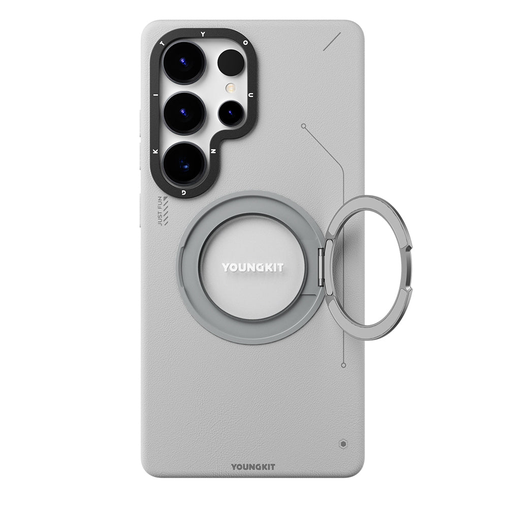 Galaxy S25 Ultra Kılıf M-safe Şarj Özellikli 360° Standlı Basit Mat Deri Desenli Youngkit Tech Leather Serisi Kapak Siyah