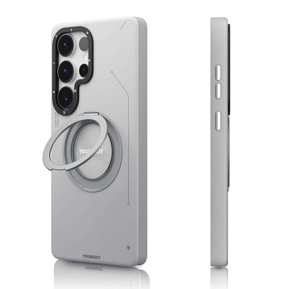 Galaxy S25 Ultra Kılıf M-safe Şarj Özellikli 360° Standlı Basit Mat Deri Desenli Youngkit Tech Leather Serisi Kapak Siyah