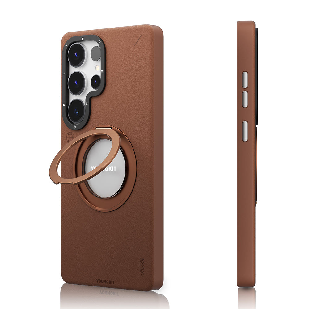 Galaxy S25 Ultra Kılıf M-safe Şarj Özellikli 360° Standlı Basit Mat Deri Desenli Youngkit Tech Leather Serisi Kapak Kahverengi