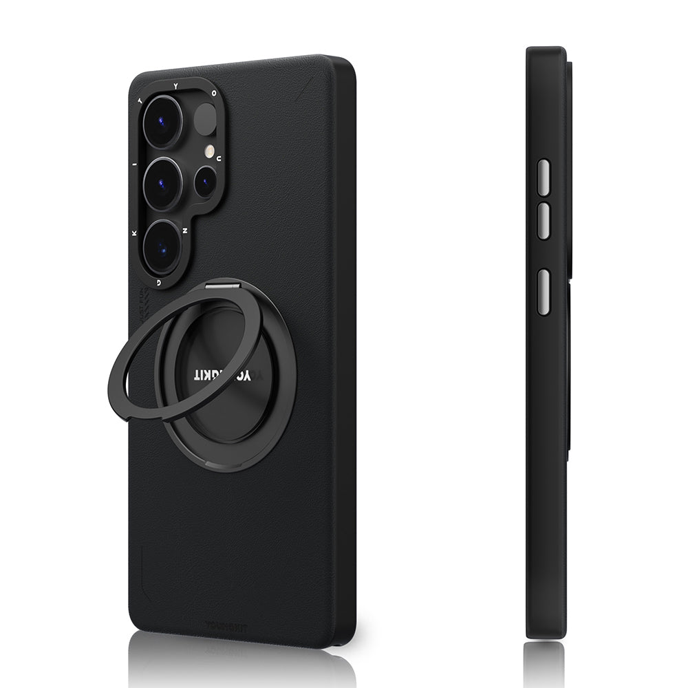 Galaxy S25 Ultra Kılıf M-safe Şarj Özellikli 360° Standlı Basit Mat Deri Desenli Youngkit Tech Leather Serisi Kapak Siyah