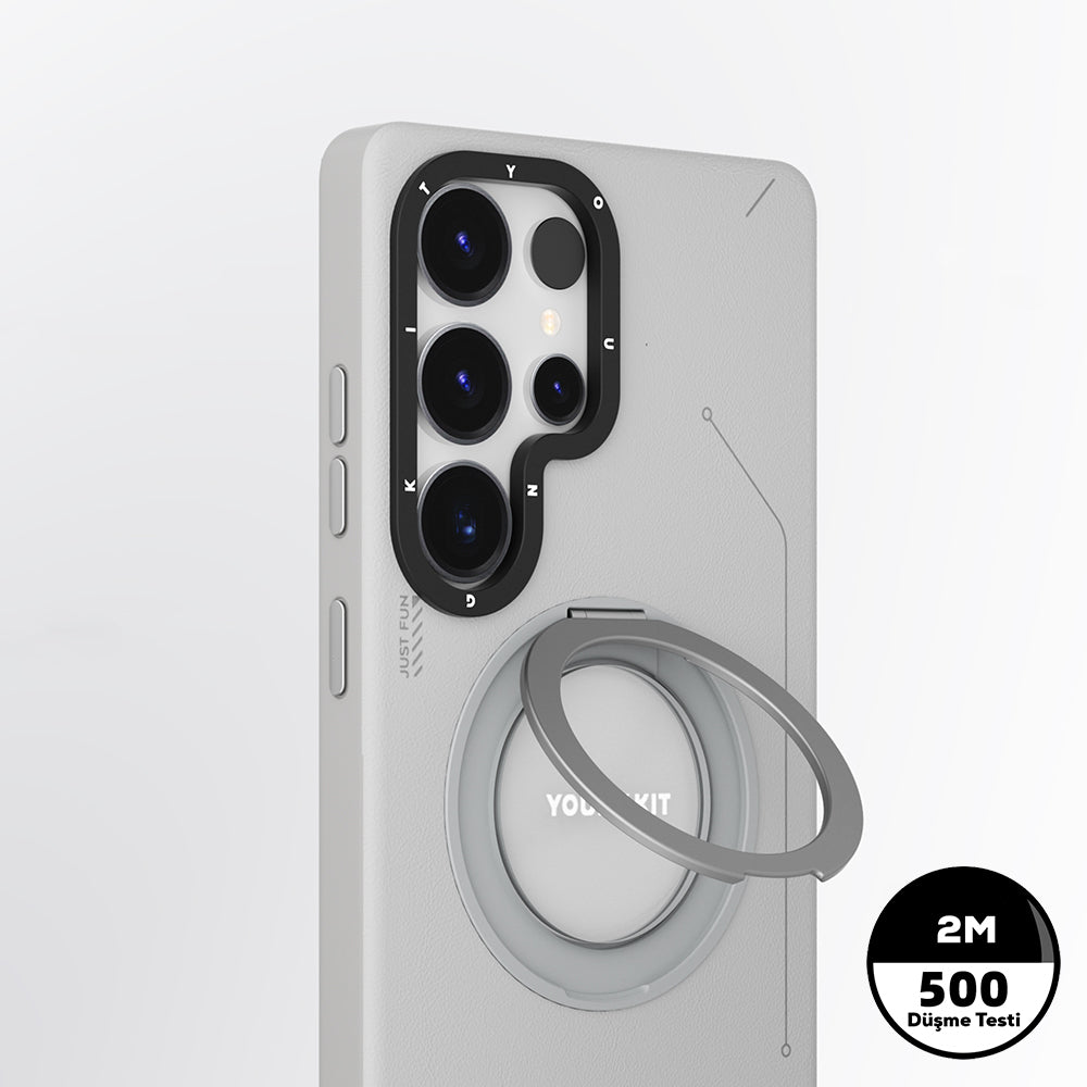 Galaxy S25 Ultra Kılıf M-safe Şarj Özellikli 360° Standlı Basit Mat Deri Desenli Youngkit Tech Leather Serisi Kapak Gri
