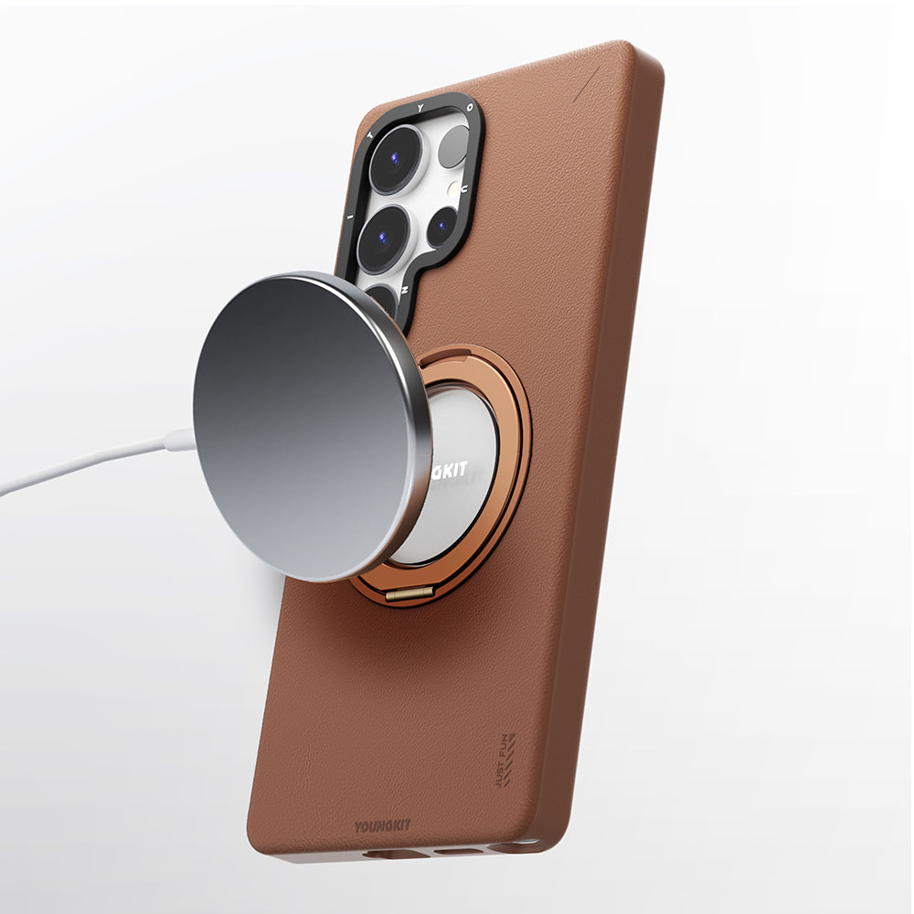 Galaxy S25 Ultra Kılıf M-safe Şarj Özellikli 360° Standlı Basit Mat Deri Desenli Youngkit Tech Leather Serisi Kapak Siyah