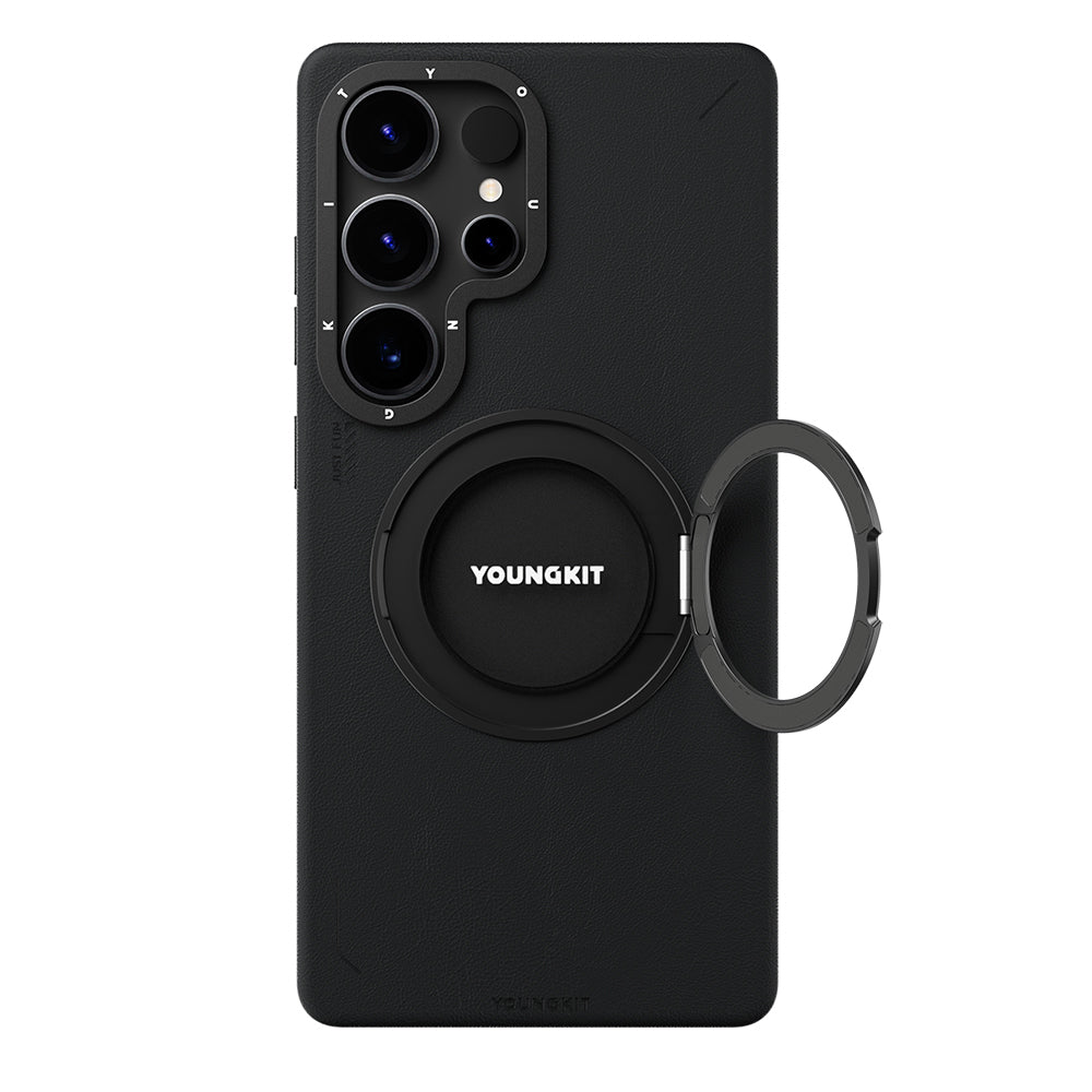 Galaxy S25 Ultra Kılıf M-safe Şarj Özellikli 360° Standlı Basit Mat Deri Desenli Youngkit Tech Leather Serisi Kapak Siyah