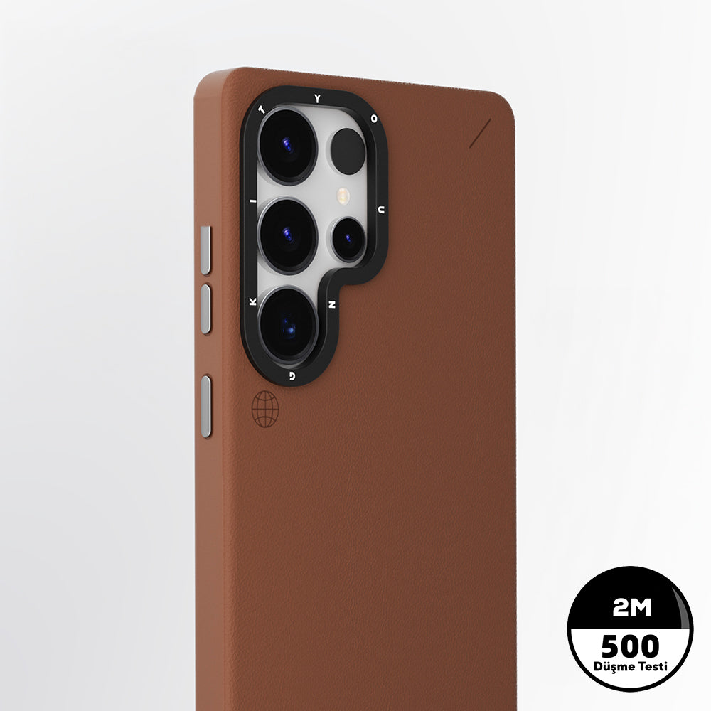 Galaxy S25 Ultra Kılıf M-safe Şarj Özellikli Basit Mat Deri Desenli Youngkit Tech Fashion Serisi Kapak Kahverengi