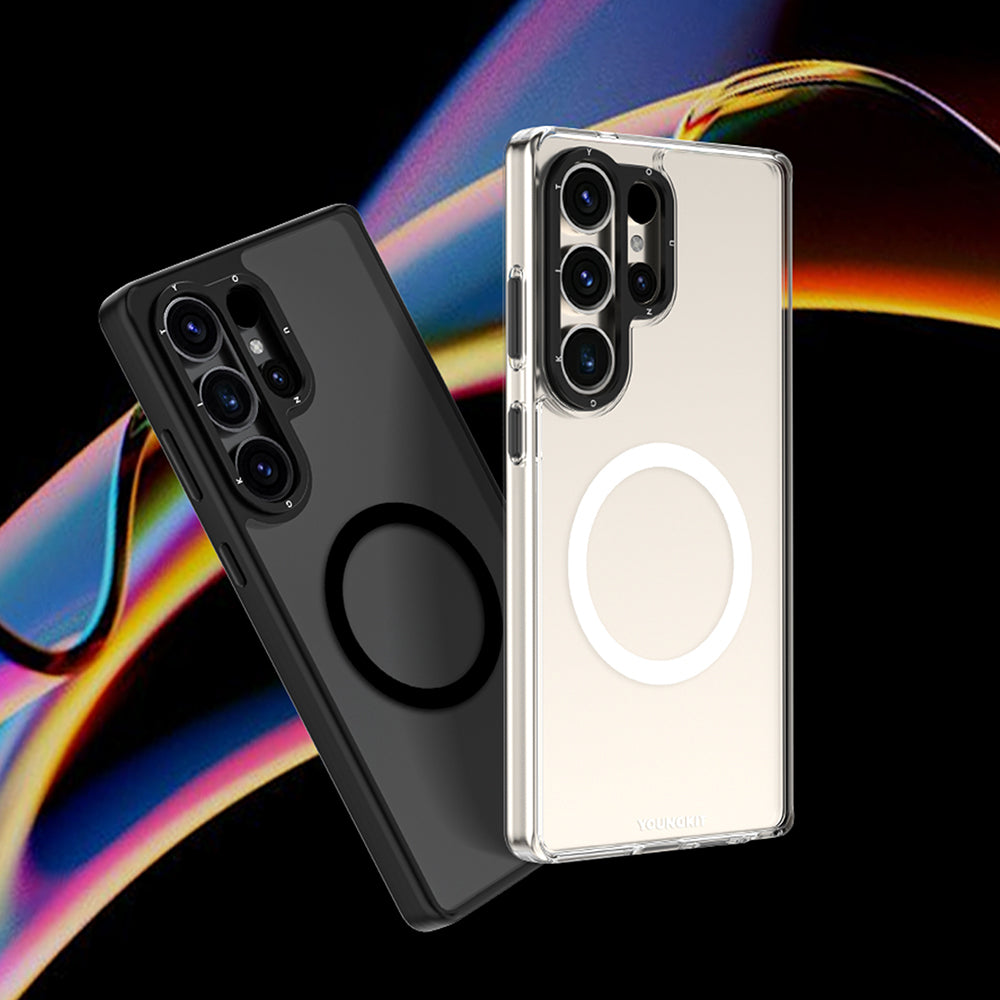 Galaxy S25 Ultra Kılıf M-safe Şarj Özellikli Cam Arka Yüzey TPU Youngkit Gemstone Serisi Kapak Şeffaf