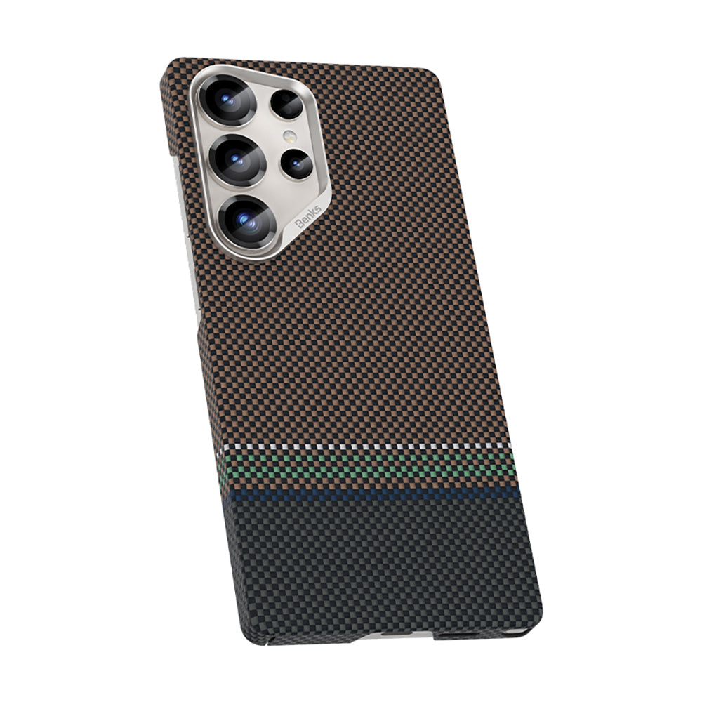 Galaxy S25 Ultra Kılıf M-safe Şarj Özellikli Karbon Fiber Tasarımlı Benks Prestige ArmorAir Kevlar Kapak Gold