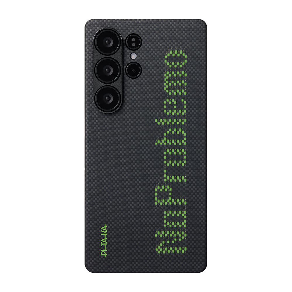 Galaxy S25 Ultra Kılıf M-safe Şarj Özellikli Lumintex Teknolojili Fosforlu Aramid Fiber Pitaka Tactile Woven Aries Serisi Kapak Siyah-Yeşil