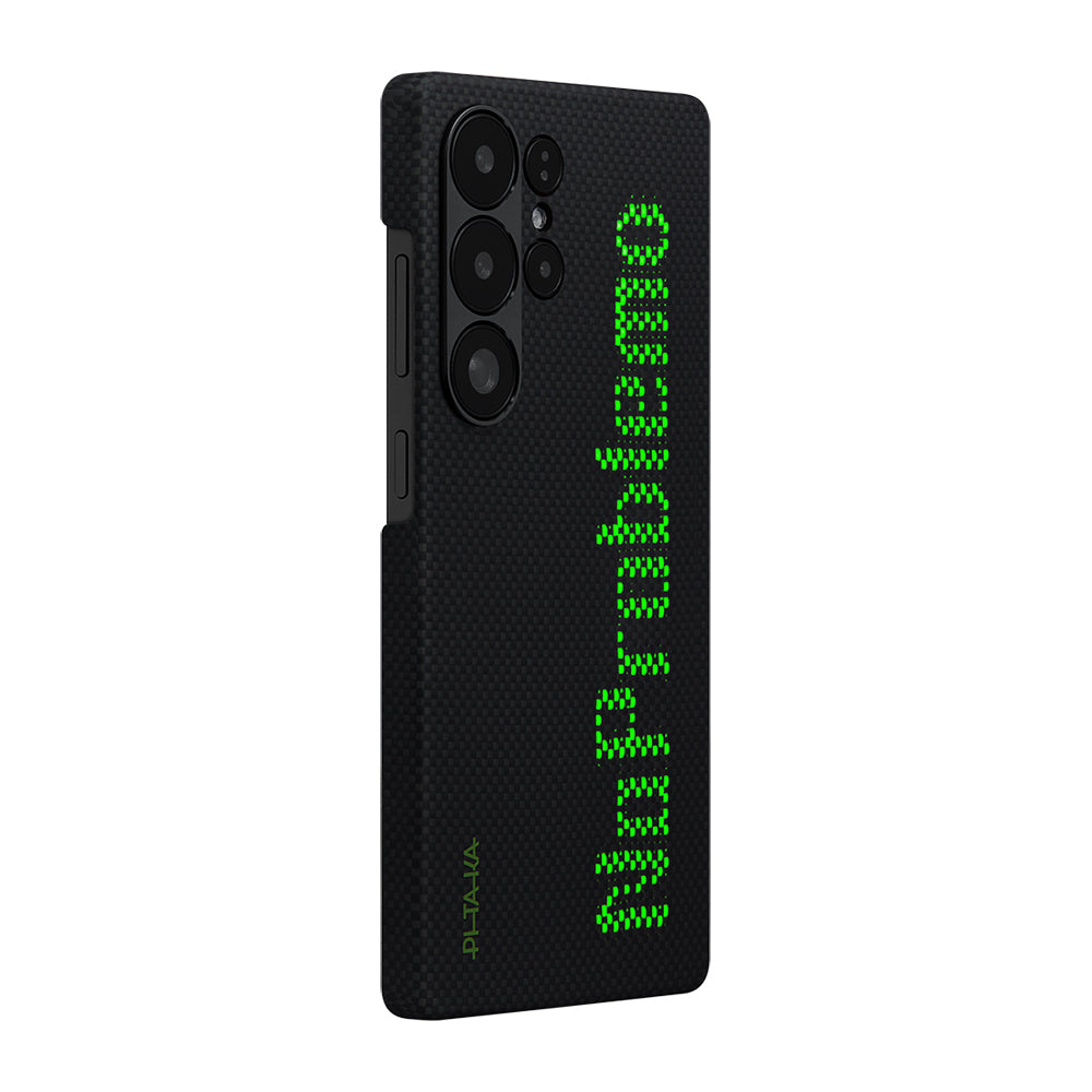 Galaxy S25 Ultra Kılıf M-safe Şarj Özellikli Lumintex Teknolojili Fosforlu Aramid Fiber Pitaka Tactile Woven Aries Serisi Kapak Siyah-Yeşil