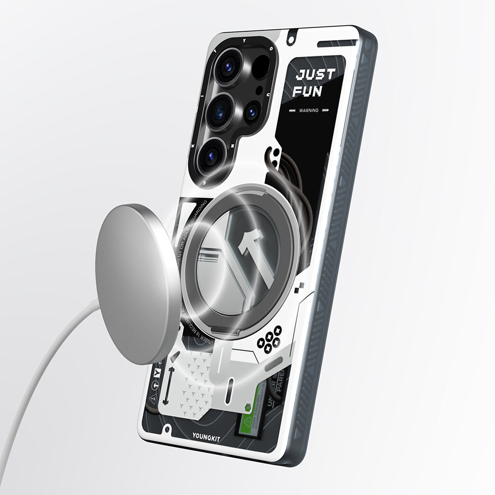 Galaxy S25 Ultra Kılıf M-safe Şarj Özellikli Youngkit 360° Standlı Starship Serisi Kapak Beyaz